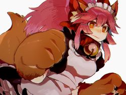 Rule 34 | 1girl, alternate costume, animal ears, animal hands, apron, bell, breasts, collar, enmaided, fate/grand order, fate (series), fox ears, fox tail, large breasts, long hair, looking at viewer, maid, maid apron, maid headdress, neck bell, pink hair, simple background, solo, tabun (osoracu), tail, tamamo (fate), tamamo cat (fate), tamamo cat (second ascension) (fate), tamamo no mae (fate/extra), white background, yellow eyes