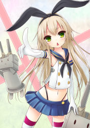 Rule 34 | &gt;:&lt;, 10s, 1girl, :&lt;, absurdres, black panties, blonde hair, closed mouth, elbow gloves, gloves, highres, kantai collection, long hair, midriff, navel, panties, rensouhou-chan, shimakaze (kancolle), solo, striped clothes, striped thighhighs, tanakahazime, thighhighs, triangle mouth, underwear, v-shaped eyebrows