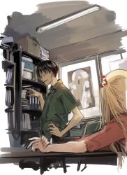 Rule 34 | 1boy, 1girl, absurdres, arms on table, black eyes, black hair, blonde hair, bookshelf, border, box, cardboard box, ceiling light, clubroom, collared shirt, commentary request, constricted pupils, day, facing away, fading border, fang, fluorescent lamp, genshiken, glasses, green shirt, hair ribbon, half-closed eyes, hand on own hip, hand up, highres, ikuhana niiro, indoors, long hair, looking at another, looking back, madarame harunobu, outstretched arms, overexposure, own hands together, pink shirt, profile, red ribbon, ribbon, round eyewear, shirt, short hair, short sleeves, smile, standing, susanna hopkins, table, white border, window