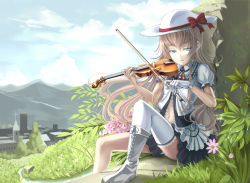 Rule 34 | 1girl, blouse, boots, bow (music), brown hair, cross-laced footwear, day, flower, gloves, grass, green eyes, grey footwear, hat, hat ribbon, hill, instrument, knee up, layered skirt, left-handed, legs, light brown hair, long hair, looking at viewer, miniskirt, music, navel, neck ribbon, on ground, original, outdoors, playing instrument, puffy short sleeves, puffy sleeves, ribbon, shiokonbu, shirt, shoes, short sleeves, single boot, single glove, single shoe, single thighhigh, sitting, skirt, solo, spire, sun hat, sunlight, thighhighs, very long hair, village, violin, white hat