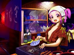Rule 34 | 1girl, animal ears, bad id, bad pixiv id, bird wings, blush, bottle, bowl, breasts, brown eyes, collarbone, cooking, feconf, fingernails, fish, food stand, grill, grilling, hand fan, happy, japanese clothes, kimono, lamprey, lantern, long fingernails, looking at viewer, mystia lorelei, nail polish, night, nipple slip, nipples, no bra, noren, obi, okamisty, open clothes, open kimono, open mouth, paper fan, pink hair, pink nails, reflection, sake bottle, sash, small breasts, smile, solo, touhou, uchiwa, wings