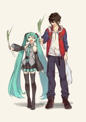 Rule 34 | 1boy, 1girl, aqua hair, black hair, black thighhighs, boots, closed eyes, crossover, detached sleeves, green eyes, hatsune miku, headphones, headphones around neck, heterochromia, highres, hood, hypnosis mic, jacket, jewelry, long hair, mole, mole under eye, mole under mouth, necktie, open mouth, pogatyb, red eyes, shirt, simple background, skirt, sleeveless, smile, spring onion, thigh boots, thighhighs, twintails, very long hair, vocaloid, yamada ichiro