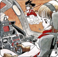 Rule 34 | 1980s (style), 1boy, 1girl, aircraft, airplane, airplane interior, black footwear, black hair, blunt bangs, brown gloves, bulma, commentary, dot nose, dougi, dragon ball, dragon ball (classic), expressionless, eyelashes, flying, flying nimbus, full body, gloves, goggles, goggles on head, headset, highres, holding, holding weapon, lips, long eyelashes, looking at another, looking back, looking to the side, messy hair, monkey tail, ruyi jingu bang, official art, oldschool, open mouth, parted lips, pilot, pilot chair, profile, rear-view mirror, retro artstyle, sepia, shirt, sitting, sleeves rolled up, son goku, standing, straight hair, tail, toriyama akira, traditional media, waistcoat, weapon, white shirt