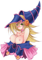 Rule 34 | 1girl, absurdres, blonde hair, blush, breasts, dark magician girl, duel monster, fuyube rion, green eyes, hat, highres, large breasts, long hair, nipples, no bra, pout, simple background, solo, yu-gi-oh!, yu-gi-oh! duel monsters, yuu-gi-ou