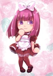 Rule 34 | 1girl, animal crossing, apron, blush, bow, chibi, closed mouth, dress, floral background, highres, looking at viewer, maid apron, maid headdress, mary janes, nintendo, pinafore dress, purple eyes, purple hair, shoes, sleeveless dress, smile, solo, tachibana mitsuki, villager (animal crossing)