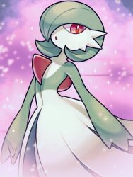 Rule 34 | an-chan (ananna0315), bob cut, colored skin, creatures (company), dress, game freak, gardevoir, gen 3 pokemon, green hair, hair over one eye, highres, looking at viewer, multicolored skin, nintendo, parted lips, pink background, pink eyes, pokemon, pokemon (creature), sparkle, two-tone skin, white dress, white skin