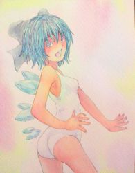 Rule 34 | 1girl, ass, blue eyes, blue hair, bow, breasts, casual one-piece swimsuit, cirno, cowboy shot, hair bow, highres, ice, ice wings, looking at viewer, looking to the side, matching hair/eyes, one-piece swimsuit, open mouth, painting (medium), pink background, short hair, small breasts, smile, solo, swimsuit, touhou, traditional media, watercolor (medium), white one-piece swimsuit, wings, yuyu (00365676)