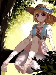 Rule 34 | 13-gou, 1girl, barefoot, blonde hair, character request, closed mouth, dress, feet, hat, looking at viewer, medium hair, purple eyes, smile, solo, tree