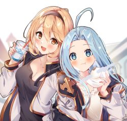 Rule 34 | + +, 2girls, :t, ahoge, alternate costume, baozi, black headband, blonde hair, blush, breasts, cleavage, closed mouth, djeeta (granblue fantasy), drink, eating, food, gold trim, granblue fantasy, headband, holding, holding drink, holding food, jacket, light blush, long hair, looking at viewer, lyria (granblue fantasy), multiple girls, omuretsu, open clothes, open jacket, open mouth, parted bangs, shirt, short hair, sidelocks, simple background, smile, steam, symbol-shaped pupils, upper body, white jacket, white shirt, yellow eyes
