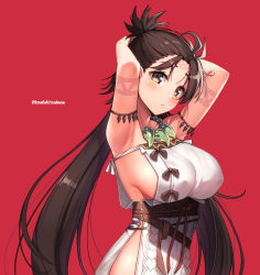 Rule 34 | 1girl, armpits, arms behind head, arms up, bare shoulders, body markings, breasts, brown eyes, brown hair, cleavage, dress, facial mark, fate/grand order, fate (series), forehead, forehead mark, highres, himiko (fate), himiko (first ascension) (fate), jewelry, kouzuki tsubasa (musou kaidou), large breasts, long hair, looking at viewer, magatama, magatama necklace, necklace, red background, sash, side slit, sideboob, solo, topknot, twintails, white dress