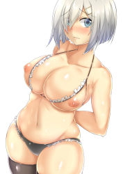 Rule 34 | 10s, 1girl, arms behind back, bikini, black bikini, black thighhighs, blue eyes, blush, breastless clothes, breasts, closed mouth, collarbone, eyes visible through hair, frilled bikini, frills, hair ornament, hair over one eye, hairclip, hamakaze (kancolle), kantai collection, large breasts, looking at viewer, navel, nippleless clothes, nipples, saintshiro, short hair, silver hair, simple background, skindentation, solo, swimsuit, thick thighs, thighhighs, thighs, wavy mouth, white background