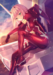 Rule 34 | 10s, 1girl, blunt bangs, blurry, blurry background, bodysuit, breasts, craytm, darling in the franxx, dutch angle, green eyes, hairband, highres, horns, looking at viewer, medium breasts, pilot suit, pink hair, red bodysuit, sitting, skin tight, smile, solo, sunset, white hairband, zero two (darling in the franxx)