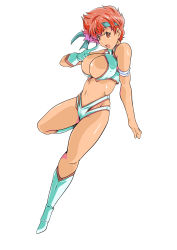 Rule 34 | 1girl, :o, absurdres, boots, breasts, cleavage, crop top, dark-skinned female, dark skin, dirty pair, feet, female focus, full body, gloves, groin, hand up, headband, highres, index finger raised, kei (dirty pair), knee boots, large breasts, legs, looking at viewer, matching hair/eyes, midriff, navel, open mouth, rasu p, red eyes, red hair, short hair, short shorts, shorts, simple background, single glove, sleeveless, solo, standing, standing on one leg, thighs, white background