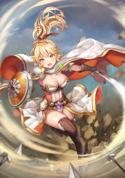 Rule 34 | 1girl, :d, armor, belt, bible bullet, blonde hair, blush, boots, breasts, brown footwear, brown gloves, brown ribbon, cape, fang, gloves, green eyes, hair ribbon, high ponytail, highres, holding, holding sword, holding weapon, jewelry, leg up, long hair, looking at viewer, medium breasts, mwwhxl, navel, open mouth, pauldrons, pendant, polearm, ponytail, ribbon, shield, shoulder armor, smile, solo, sparkle, spear, sword, thigh boots, thighhighs, v-shaped eyebrows, weapon