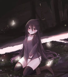 Rule 34 | 1girl, black choker, black hair, black shirt, black thighhighs, blush, boots, breasts, brown eyes, brown footwear, choker, cleavage, collarbone, commentary request, covering privates, covering crotch, fairy, full body, glowing, hair between eyes, highres, lawnielle, long hair, long sleeves, medium breasts, original, parted lips, shirt, shirt tug, sitting, solo, thighhighs, torn clothes, torn shirt, very long hair, wariza
