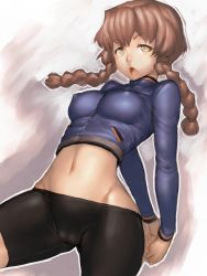 Rule 34 | 1girl, amane suzuha, arms behind back, bike shorts, braid, breasts, brown eyes, brown hair, cameltoe, cowboy shot, covered erect nipples, fumio (rsqkr), groin, impossible clothes, impossible shirt, midriff, navel, no panties, open mouth, shirt, skin tight, solo, steins;gate, stretching, twin braids