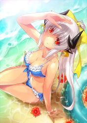 Rule 34 | 1girl, absurdres, arm support, arm up, bikini, black (artist), blue bikini, bow, breasts, cleavage, collarbone, fate/grand order, fate (series), flower, frilled bikini, frills, from above, hair bow, hibiscus, highres, horns, kiyohime (fate), kiyohime (fate/grand order), kiyohime (swimsuit lancer) (fate), kiyohime (swimsuit lancer) (third ascension) (fate), long hair, multiple girls, navel, official art, partially submerged, red eyes, red flower, silver hair, single horn, sitting, smile, solo, strap gap, swimsuit, thigh gap, yellow bow