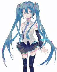 Rule 34 | 1girl, absurdres, black skirt, black sleeves, blue eyes, blue hair, blue nails, blue necktie, blue thighhighs, closed mouth, collared shirt, commentary, detached sleeves, feet out of frame, hair between eyes, hatsune miku, highres, kineta, light smile, long hair, long sleeves, looking at viewer, nail polish, necktie, pleated skirt, shirt, simple background, skirt, sleeveless, sleeveless shirt, solo, tattoo, thighhighs, twintails, twitter username, very long hair, vocaloid, white background, white shirt