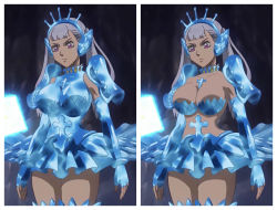 Rule 34 | 1girl, absurdres, armor, armored dress, bikini armor, black clover, bra, breasts, cleavage, collage, collarbone, dress, highres, impossible clothes, large breasts, noelle silva, pauldrons, purple eyes, silver hair, skirt, strapless, strapless bra, strapless dress, tiara, twintails, underwear, water, weapon