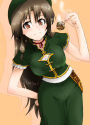 Rule 34 | 1girl, :3, alternate costume, alternate hair color, asatana, bad id, bad pixiv id, breasts, brown eyes, brown hair, china dress, chinese clothes, choker, cleavage, cleavage cutout, clothing cutout, dress, food, hand on own hip, hat, hip focus, hong meiling, large breasts, long hair, ribbon, smile, solo, takoyaki, touhou