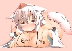 Rule 34 | 1girl, animal ears, bare shoulders, blush, body writing, breast press, breasts, brown eyes, chocolate on body, chocolate on breasts, collar, detached sleeves, hat, inubashiri momiji, large breasts, long sleeves, looking at viewer, lying, nose blush, on stomach, plump, pom pom (clothes), shishi juuroku, short hair, solo, tail, thick eyebrows, tokin hat, tongue, tongue out, touhou, valentine, white hair, wide sleeves, wolf ears, wolf tail