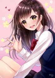 Rule 34 | 1girl, artist name, black skirt, blurry, blush, brown hair, collared shirt, depth of field, floral background, flower, from side, hair flower, hair ornament, hairclip, heart, long hair, looking at viewer, open mouth, original, pink background, pleated skirt, red ribbon, ribbon, sakura hiyori, school uniform, shirt, signature, sitting, skirt, smile, solo, sweater vest, teeth, waving, white shirt, yellow eyes