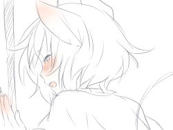 Rule 34 | 1girl, animal ears, blush, capelet, ear blush, female focus, from behind, looking back, monochrome, mouse ears, nazrin, short hair, sketch, solo, spot color, touhou, ume (plumblossom)