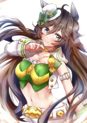 Rule 34 | 1girl, absurdres, animal ears, arm strap, blue eyes, blush, bow, breasts, brown hair, choker, commentary request, crop top, green bow, green shirt, hair between eyes, hat, hat bow, highres, horse ears, large breasts, long hair, long sleeves, looking at viewer, midriff, mini hat, mini top hat, mr. c.b. (umamusume), navel, shirt, single bare shoulder, single sleeve, smile, solo, stomach, strapless, strapless shirt, sugi (user nash8444), top hat, umamusume, upper body, very long hair, white background, white hat, yellow choker
