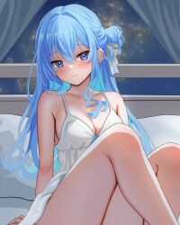 Rule 34 | 1girl, absurdres, bare legs, blue eyes, blue hair, breasts, cleavage, closed mouth, collarbone, curtains, dress, hair bun, highres, hololive, hoshimachi suisei, indoors, long hair, looking at viewer, nightgown, oniku (o29sukizero), sitting, sky, small breasts, smile, solo, star (sky), starry sky, thighs, virtual youtuber, white dress, white nightgown, window