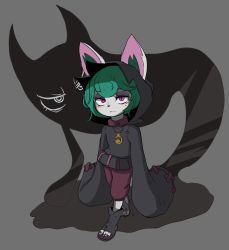 Rule 34 | 1girl, absurdres, angry, blush, ears through headwear, eyeliner, green hair, grey background, highres, league of legends, long sleeves, makeup, nalgom, pink eyes, sandals, shadow, short hair, simple background, solo, sweater, vex (league of legends), yordle