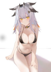 Rule 34 | 1girl, arknights, arm support, bare arms, bare shoulders, bikini, black bikini, black choker, breasts, bright pupils, choker, cleavage, collarbone, feather hair, hair ornament, halterneck, hand on own thigh, highres, large breasts, long hair, looking at viewer, multi-strapped bikini, navel, owl ears, ptilopsis (arknights), ru zhai, shadow, silver hair, simple background, sitting, skindentation, solo, stomach, string bikini, swimsuit, thighs, white background, yellow eyes