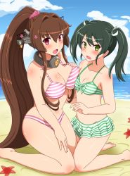 Rule 34 | 10s, :d, bad id, bad pixiv id, beach, bikini, blush, breast press, breasts, brown hair, cleavage, cloud, cloudy sky, collarbone, commentary request, day, eyebrows, green eyes, green hair, highres, kantai collection, large breasts, long hair, open mouth, outdoors, purple eyes, sand, shin&#039;en (gyokuro company), sky, small breasts, smile, starfish, striped bikini, striped clothes, swimsuit, twintails, very long hair, water, yamato (kancolle), zuikaku (kancolle)