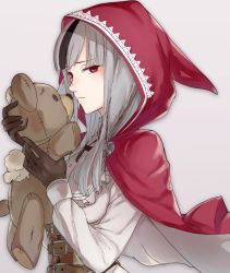 Rule 34 | 1girl, animal ears, belt, black gloves, black hair, black pants, fire emblem, fire emblem fates, gloves, grey background, grey hair, haru (nakajou-28), holding, holding stuffed toy, hood, long hair, long sleeves, looking at viewer, multicolored hair, nintendo, pants, portrait, red eyes, simple background, solo, stuffed animal, stuffed toy, tail, teddy bear, toy, two-tone hair, velouria (fire emblem), wolf ears, wolf tail