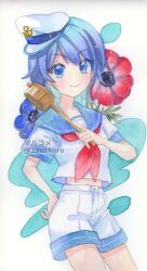 Rule 34 | 1girl, 2zuz4hru, anchor hat ornament, blue eyes, blue flower, blue sailor collar, breasts, closed mouth, commentary request, cowboy shot, crop top, flower, hand on own hip, happy, hat, hat ornament, highres, holding, looking at viewer, midriff, murasa minamitsu, navel, neckerchief, painting (medium), puffy short sleeves, puffy sleeves, red flower, red neckerchief, sailor, sailor collar, sailor hat, sailor shirt, school uniform, serafuku, shirt, short sleeves, shorts, simple background, small breasts, smile, touhou, traditional media, watercolor (medium), white background, white hat, white shirt, white shorts