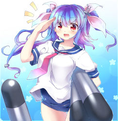 Rule 34 | 10s, 1girl, antennae, bad id, bad pixiv id, blue hair, fuuen (akagaminanoka), gradient background, hair ornament, hair ribbon, i-19 (kancolle), kantai collection, necktie, open mouth, puffy short sleeves, puffy sleeves, red eyes, ribbon, salute, school swimsuit, school uniform, serafuku, short sleeves, smile, solo, star-shaped pupils, star (symbol), swimsuit, swimsuit under clothes, symbol-shaped pupils, torpedo, two side up