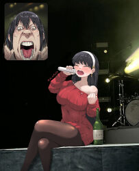 Rule 34 | 1boy, 1girl, alcohol, black hair, bottle, breasts, brother and sister, brown pantyhose, crossed legs, drum, drum set, drunk, fan screaming at madison beer (meme), hairband, highres, holding, holding microphone, instrument, jk arts, large breasts, meme, microphone, music, open mouth, pantyhose, photo background, red eyes, red sweater, screaming, siblings, singing, sitting, spy x family, stage, sweater, white hairband, yor briar, yuri briar