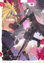 Rule 34 | 2boys, armor, belt, black coat, black footwear, black gloves, black jacket, black pants, blonde hair, boots, bracer, buckle, cake, candy, chest harness, chocolate, cloud strife, coat, final fantasy, final fantasy vii, food, fruit, gloves, green eyes, grey hair, hand on another&#039;s head, happy, harness, headpat, heart, high collar, highres, holding, holding candy, holding chocolate, holding food, image sample, implied yaoi, jacket, knee boots, long coat, long hair, long sleeves, male focus, messy hair, multiple belts, multiple boys, open mouth, pants, pauldrons, paw print, paw shoes, running, sephiroth, shoulder armor, single pauldron, smile, strawberry, sweater, sweets, turtleneck, turtleneck sweater, twitter sample, valentine, worried, zzchen22