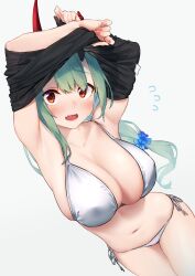 Rule 34 | 1girl, absurdres, akari (baffu), armpits, arms up, baffu, bikini, black shirt, blush, breasts, broken horn, brown eyes, cleavage, commentary request, cowboy shot, dutch angle, fang, fingernails, flower, flying sweatdrops, green hair, hair flower, hair ornament, highres, horns, large breasts, long hair, looking at viewer, nail polish, navel, oni, oni horns, open mouth, original, pink nails, red horns, sharp fingernails, shirt, side-tie bikini bottom, simple background, skin fang, skindentation, solo, standing, sweat, swimsuit, thighs, undressing, white background, white bikini