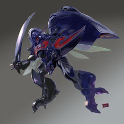 Rule 34 | clenched hands, flying, grey background, holding, holding sword, holding weapon, horns, insect wings, mecha, no humans, realistic, red eyes, robot, scimitar, seisenshi dunbine, solo, sword, umeno ryuuji, weapon, wings, zwarth