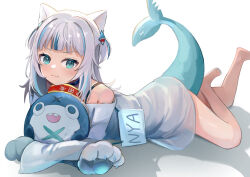 Rule 34 | :3, absurdres, animal ears, animal hands, barefoot, black bra, bloop (gawr gura), blue choker, blue eyes, blue hair, blue nails, bra, bra strap, breasts, cat ears, cat paws, choker, fang, gawr gura, hair ornament, highres, hololive, hololive english, legs, looking at viewer, lying, medium hair, multicolored hair, nail polish, on stomach, samezukipng, shark hair ornament, shirt, short twintails, small breasts, smile, solo, streaked hair, toenail polish, toenails, toes, twintails, underwear, virtual youtuber, white hair, white shirt