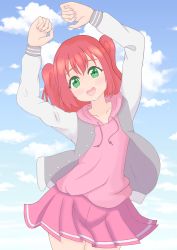 Rule 34 | 1girl, absurdres, aqua eyes, artist name, artist request, blue sky, blush, breasts, buttons, cloud, collared jacket, day, dress, female focus, green eyes, grey jacket, hair between eyes, hands over head, highres, jacket, kurosawa ruby, long sleeves, looking at viewer, love live!, love live! school idol festival, love live! sunshine!!, miniskirt, nail, nail polish, open clothes, open jacket, outdoors, parted lips, pink nails, pink shirt, pink skirt, plaid, plaid dress, plaid skirt, pleated, pleated skirt, red hair, shirt, short hair, skirt, sky, small breasts, smile, solo, twintails, two side up, white sleeves