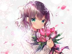 Rule 34 | 1girl, blush, bouquet, bow, closed mouth, commentary request, flower, green eyes, grey background, hair between eyes, hair bow, highres, holding, holding bouquet, kohaku muro, long sleeves, looking at viewer, original, petals, ponytail, purple hair, red bow, red flower, shirt, sidelocks, signature, smile, solo, upper body, white bow, white shirt