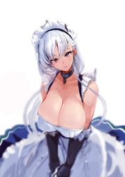 Rule 34 | 1girl, apron, azur lane, bare shoulders, belfast (azur lane), braid, breasts, broken, broken chain, chain, cleavage, closed mouth, collar, french braid, frilled gloves, frills, gloves, head tilt, large breasts, long hair, looking at viewer, maid, maid apron, maid headdress, own hands together, purple eyes, ruuto (sorufu), silver hair, white apron