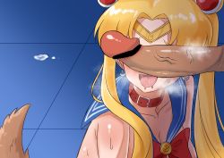 Rule 34 | 1boy, 1girl, absurdres, animal collar, bishoujo senshi sailor moon, blonde hair, blush, breasts, censored, cleavage, collar, crescent, crescent earrings, derivative work, dog tail, drooling, earrings, happy, heavy breathing, hetero, highres, in heat, jewelry, medium breasts, meme, nipples, open mouth, penis, penis awe, penis on face, penis over eyes, precum, restrained, sailor collar, sailor moon, sailor moon redraw challenge (meme), saliva, smile, sweat, tail, tsugumi amon, tsukino usagi, veins, veiny penis
