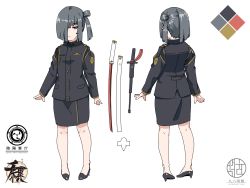 Rule 34 | 1girl, black footwear, black jacket, black skirt, closed mouth, color guide, commentary request, english text, facing away, grey eyes, grey hair, hair over one eye, high heels, highres, jacket, katana, kuro kosyou, long sleeves, looking at viewer, multiple views, one side up, original, pencil skirt, sheath, shoes, short hair, simple background, skirt, sleeves past wrists, sword, unsheathed, weapon, white background
