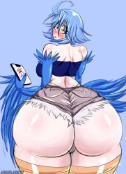 Rule 34 | 1girl, absurdres, ahoge, animal ears, ass, back, bare shoulders, blonde hair, blue background, blue hair, blush, breasts, butt crack, cameo, centorea shianus, crop top, eyes visible through hair, from behind, harpy, highres, holding, holding phone, horse ears, huge ass, large breasts, looking at viewer, looking back, medium breasts, monster girl, monster musume no iru nichijou, open mouth, papi (monster musume), phone, shiny skin, short hair, shorts, sideboob, solo, thick thighs, thighs, wide hips, yellow eyes