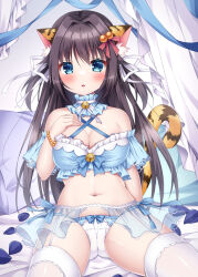 Rule 34 | 1girl, :o, animal ears, bare shoulders, bed sheet, bell, black hair, blue ribbon, blush, bow, bow panties, bracelet, breasts, cameltoe, cleavage, cleft of venus, commentary request, curtains, fujikura ryuune, hair ribbon, hand up, jewelry, jingle bell, long hair, looking at viewer, medium breasts, navel, neck bell, original, panties, parted lips, pearl bracelet, petals, pillow, ribbon, see-through, showgirl skirt, solo, tail, thighhighs, tiger ears, tiger girl, tiger tail, two side up, underwear, very long hair, white panties, white ribbon, white thighhighs