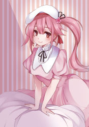 Rule 34 | 10s, 1girl, alternate costume, bed sheet, beret, casual, contemporary, dress, harusame (kancolle), hat, highres, kantai collection, long hair, looking at viewer, nonkomu (furiten5553), pink dress, pink eyes, pink hair, side ponytail, smile, solo