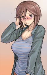 Rule 34 | 00s, 1girl, bespectacled, blush, breasts, brown eyes, brown hair, casual, glasses, jacket, large breasts, aged up, rozen maiden, short hair, solo, souseiseki, sweat, tsuda nanafushi