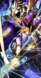 Rule 34 | 2boys, absurdres, black hair, black luster soldier, black pants, blonde hair, chain, collar, duel monster, dyed bangs, gaia the fierce knight, highres, holding, jacket, jewelry, jumping, kuriboh, millennium puzzle, monster, multicolored hair, multiple boys, muto yugi, ossan zabi 190, pants, purple eyes, shirt, solo, spiked hair, yami yugi, yu-gi-oh!, yu-gi-oh! duel monsters